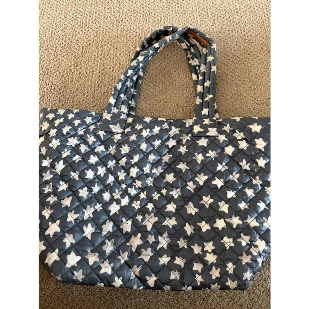 MZ Wallace Metro Tote Deluxe Medium Dark Grey White Stars Quilted Nylon Bag